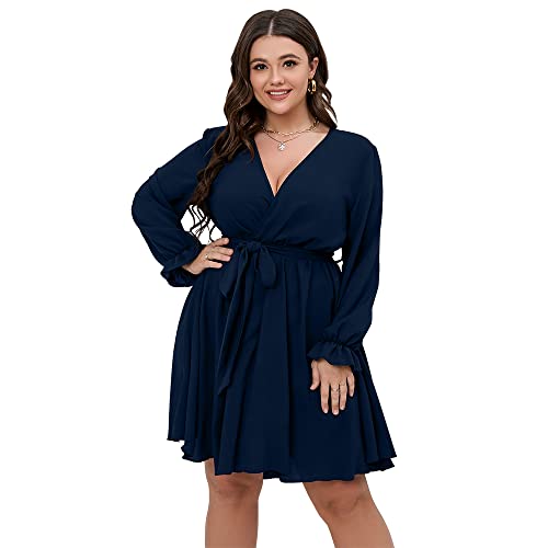 SCOMCHIC Women's Plus Size Long Sleeve Wrap V Neck A Line Mini Dress - color: Navy Blue, size: X-Large Plus