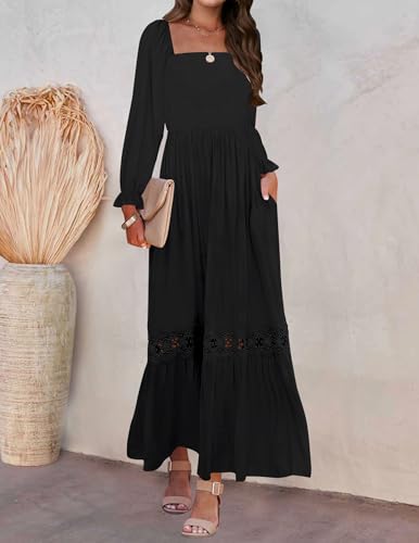 ZESICA Women's 2026 Boho Long Sleeve Fall Maxi Dress - color: Black, size: Large