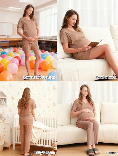 DANSHOW Maternity Nursing Pajama Set Postpartum Lounge PJS - color: Light Pink, size: X-Large