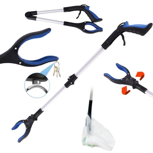 Grabber Reacher Tool, Foldable Pick Up Stick with LED Light for Night Dog Walking,Includes 360° Rotating Anti-Slip Jaw & Magnet, ldeal for Trash Pickup, Outdoor Pet Walking & Seniors Recovery, 32 lnch - color: Blue With Light