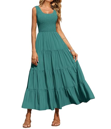 PRETTYGARDEN Women's Smocked Tank Casual Plain Maxi Sundress with Pockets - color: Bean Green, size: Medium