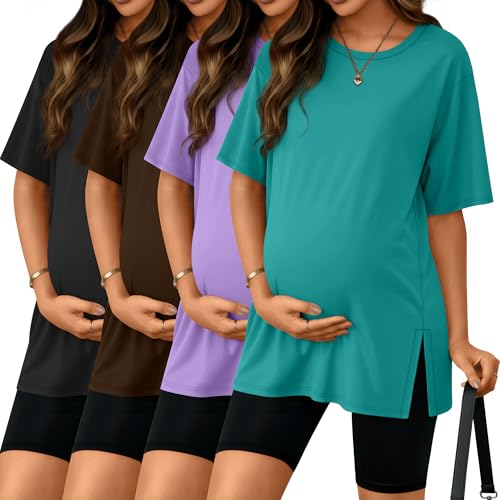 Riyiper 4 Pack Women's Short Sleeve Maternity T Shirts - color: Black, Dark Coffee, Light Purple, Blue Green, size: X-Large