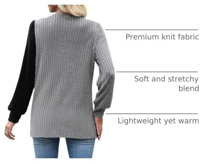 MixShe Womens Knit Sweaters 2026 Fall Winter Casual Long Sleeve Ribbed Colorblock Button Pullover Tops - color: Light Grey, size: Large