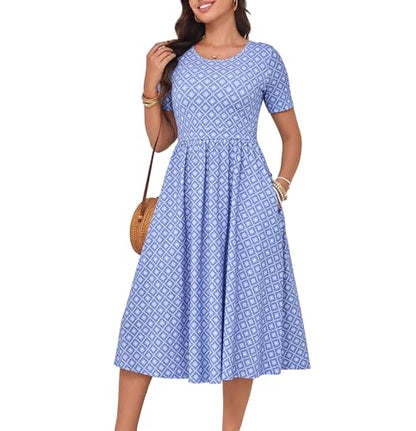 Women's Cotton Nursing Dresses Breastfeeding Midi Breastfeeding Dress with Pockets - color: Blue Tile Bloom, size: 3X