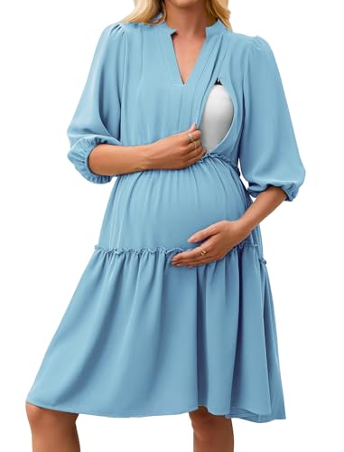 Angashion Women's Maternity Nursing Dress: V-Neck Hidden Zipper Pockets - color: Light Blue, size: Medium