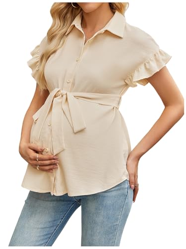 MakeMeChic Women's Maternity Nursing Work Blouse Pregnancy Ruffle Tops - color: Beige, size: X-Large