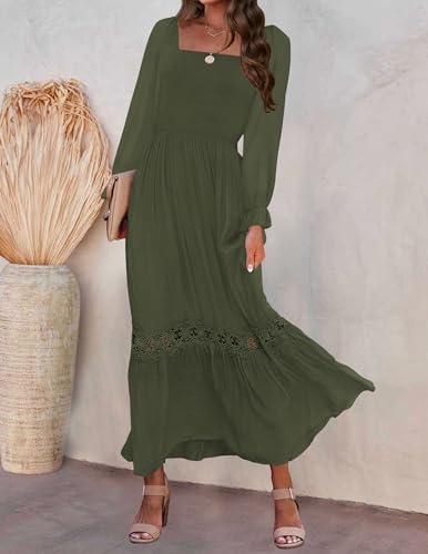 ZESICA Women's 2026 Boho Long Sleeve Fall Maxi Dress - color: Army Green, size: Medium