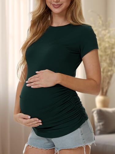 3 Pack Womens Maternity Shirts, Crew Neck Maternity Top Short Sleeve - color: Black/Light Grey/Dark Green, size: Medium