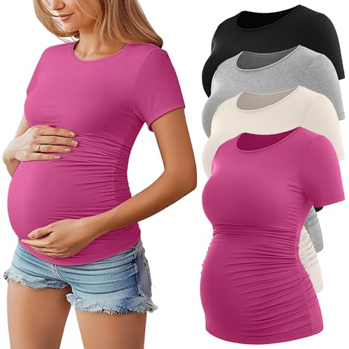 Huukeay 4 Pack Women's Short Sleeve Maternity Tops - color: Rose Pink, Cream, Light Heather Gray, Black, size: Large