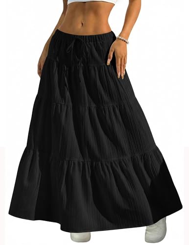 DERAX Womens Maxi Skirt Boho Flowy Ruffle Elastic Waist Long Skirts - color: Black, size: Large