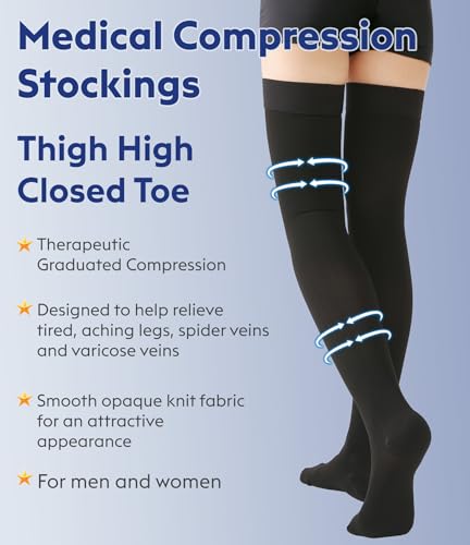 KEKING Compression Stockings 15-20mmHg Thigh High Closed Toe Opaque Unisex - color: 15-20mmhg Black Closed Toe, size: Medium