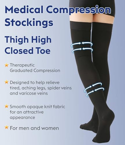 KEKING Compression Stockings 15-20mmHg Thigh High Closed Toe Opaque Unisex - color: 15-20mmhg Black Closed Toe, size: Medium