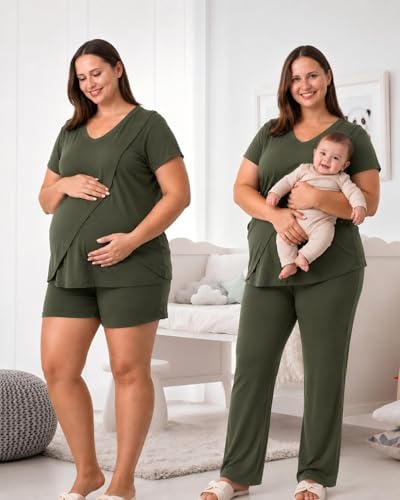 Rnxrbb 3 PCS Women Nursing Pajamas Set Postpartum Maternity Pj with Pockets - color: Army Green, size: Small