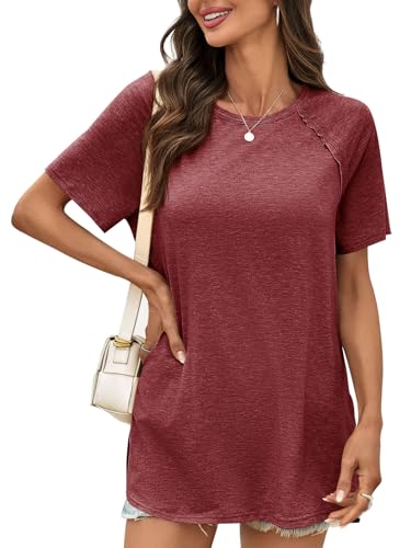 Cicy Bell Womens Short Sleeve Tunic Tops Crew Neck Side Split T Shirts - color: Wine Red, size: Small