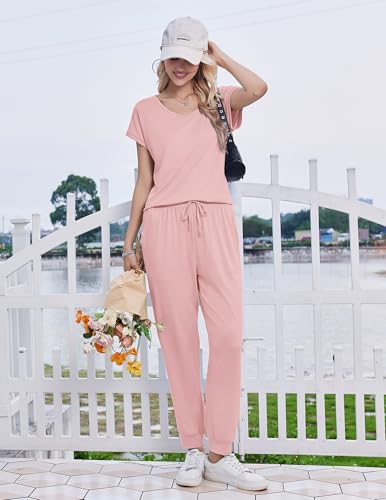 Ekouaer Womens Pajama Sets 2 Piece Lounge Set Short Sleeve Jogger Pants Pjs - color: Pink, size: Medium
