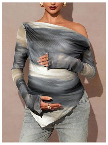 RoseSeek Women's Maternity Off The Shoulder Asymmetrical Tops Mesh Shirts - color: Grey, size: Small