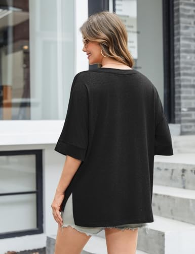 Totatuit Womens Oversized T Shirts Short Sleeve V Neck Basic Tees Tops - color: Black, size: Small