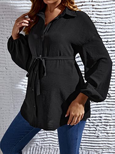 MakeMeChic Women's Maternity Blouse Long Sleeve Belted Button Down Tops - color: Black, size: Large