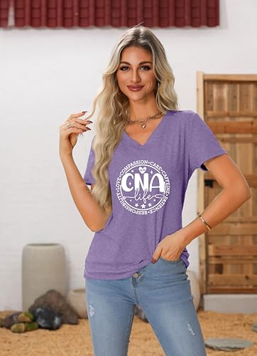 Nurse V Neck T Shirts for Women, Certified Nursing Assistant Tshirt - color: Purple, size: Large