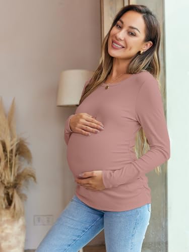 Women's Maternity Fall Tops Long Sleeve Crew Neck Ribbed Knit Slim Fitted Blouse Side Ruched Pregnancy Shirts - color: Long Sleeve-light Brown, size: Medium