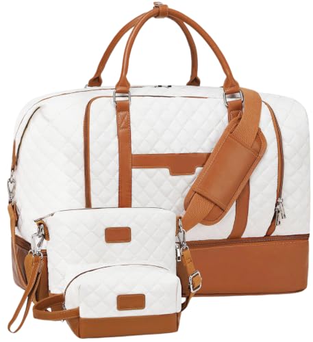 Weekender Bags for Women, Large Travel Duffel Bag, Carry on Overnight Bag - color: White-Brown