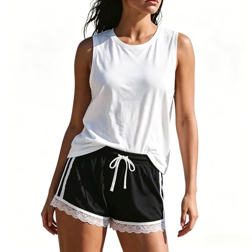 MAKABO Women's 2 Piece Summer Shorts Matching Sets Lace Sleeveless Tank Top Airport Lounge Travel Outfit - color: Black, size: X-Large