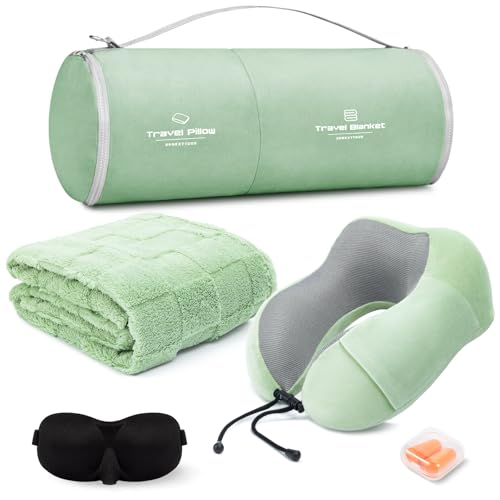 urnexttour Travel Pillow and Blanket Set Neck Pillow Airplane Foam Sage - color: B-sage Green