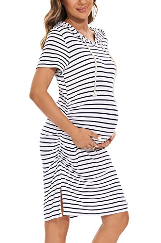 Women's Maternity Hoodie Dress Short Sleeve Split Side Ruched Pregnancy Clothes - color: White Navy Stripe, size: Small