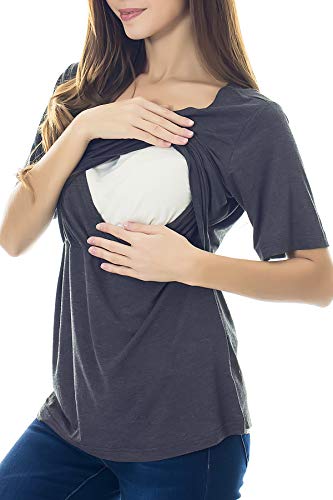 Smallshow Women's Maternity Nursing Tops Short Sleeve Breastfeeding Clothes - color: Army Green-black-dim Grey(3 Pack), size: Medium