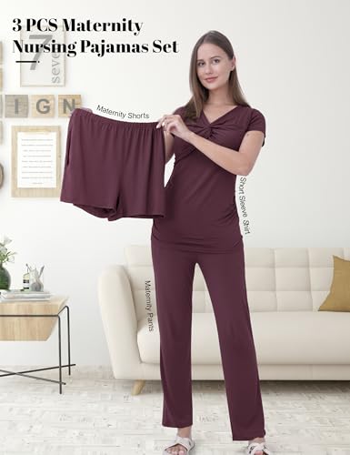 3-Piece Maternity Nursing Pajamas Set for Pregnancy & Postpartum - color: Dark Purple, size: Medium