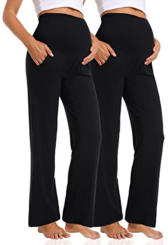 Foucome Women's Maternity Pants Wide Leg Pregnancy Work Pants - color: 2 Pack Black, size: Small