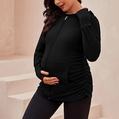 DEBELLY Maternity Sweatshirt Zip Up Hoodie Pockets Pregnancy Postpartum - color: Black, size: Medium