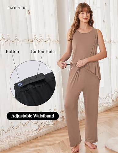 Ekouaer Maternity Pajamas Nursing Robe Set 3 Pieces Post Partum Lounge Sets - color: Khaki, size: Medium