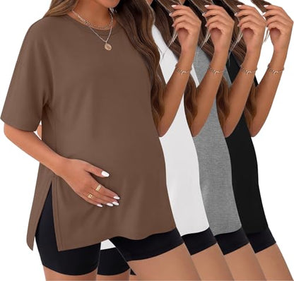 Ekouaer 4 Packs Maternity Shirts Split Side Pregnancy Workout Tops - color: 4pcs Black / Brown / Grey / White, size: Medium
