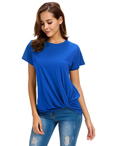 LUSMAY Womens Short Sleeve Loose Twist Knot Front T Shirts Cotton Casual Blouse - color: Bright Blue, size: Medium