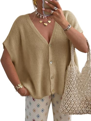 Saodimallsu Womens Fall Short Sleeve Cardigans Sweater Oversized Tops - color: Dark Khaki, size: Large