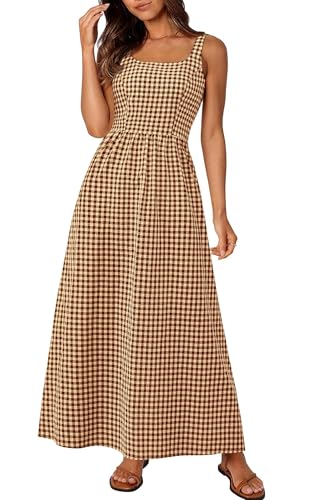 PRETTYGARDEN Women's Summer Gingham Maxi Long Dress - color: Coffee, size: Small