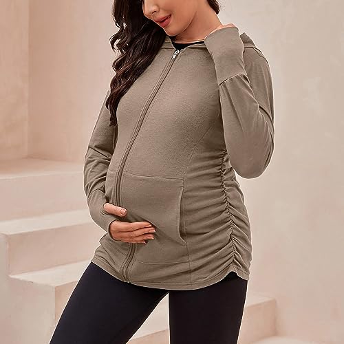 DEBELLY Maternity Sweatshirt Zip Up Hoodie Pockets Pregnancy Postpartum - color: Coffee, size: Medium