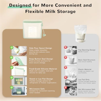 COMI Silicone Breast Milk Storage Bags Reusable, 9oz, BPA Free, 7pcs - color: 3Green+4Pink