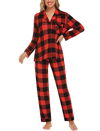 Anjue Pajamas For Women Set Long Sleeve Button Up Sleepwear Soft Pjs - color: Black Plaid, size: Medium