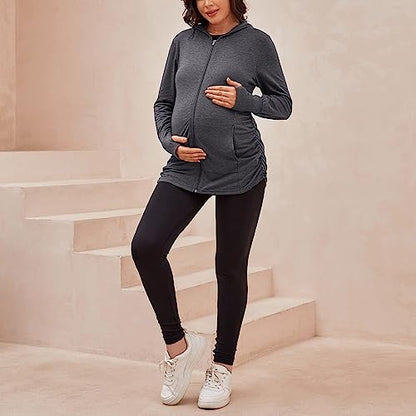 DEBELLY Maternity Sweatshirt Zip Up Hoodie Pockets Pregnancy Postpartum - color: Dark Grey, size: Small