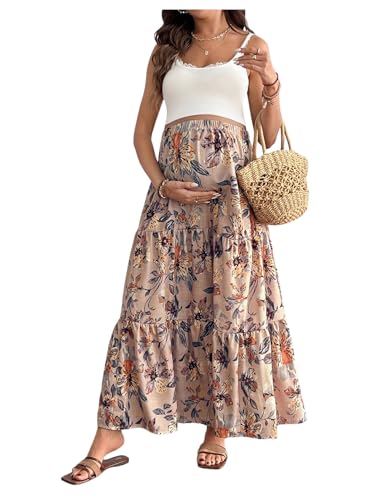 MakeMeChic Women's Maternity Ruffle Maxi Skirt - color: Khaki, size: Small