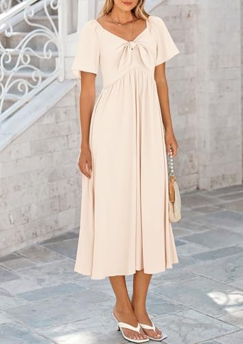 PRETTYGARDEN Women's Summer Bow Tie V Neck Midi Dresses - color: Beige, size: Small