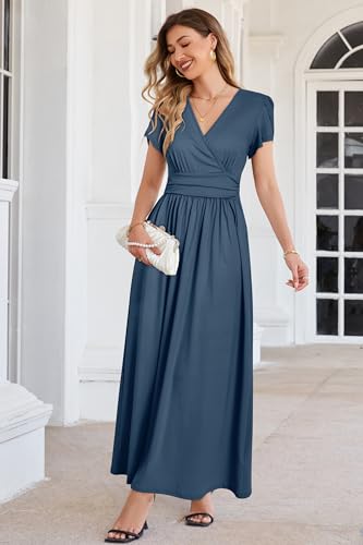 OUGES Women's Wrap V Neck Summer Maternity Photoshoot Dress with Pockets - color: Gray Blue, size: Medium