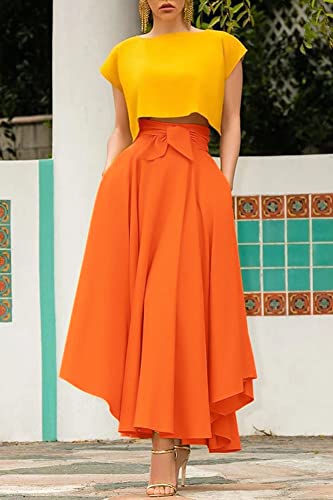 chouyatou Women's Elegant High Waisted Side Slit Irregular Bohemian Maxi Skirt with Pockets - color: Orange, size: X-Small