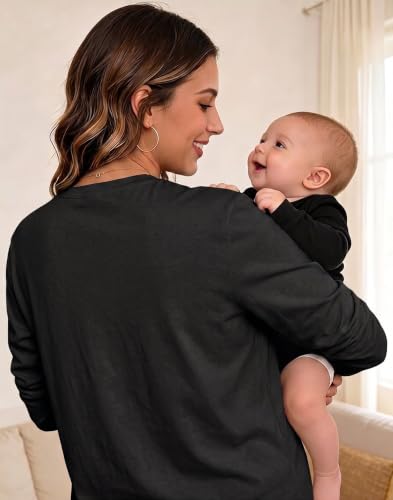 Womens Nursing Breastfeeding Shirt Long Sleeve Hidden Zipper Postpartum Top - color: A-black, size: Medium