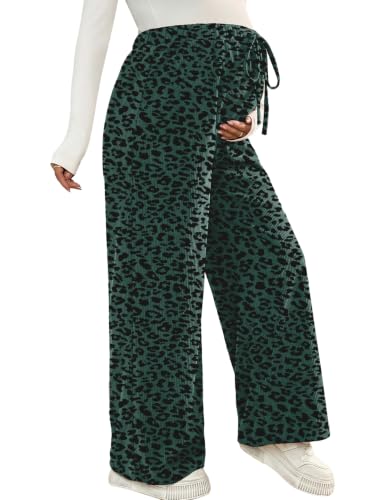 BLENCOT Maternity Pants Leopard Wide Leg Drawstring Pregnancy Trousers - color: Green, size: Large