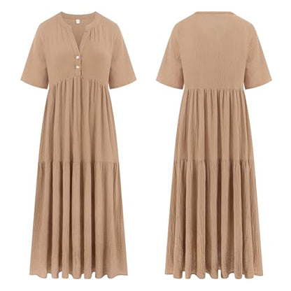 R.Vivimos Womens Summer Cotton Casual Flowy Maxi Dress - color: Light Khaki, size: Medium