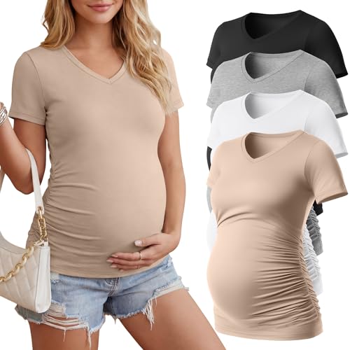 Huukeay 4 Pack Women's Maternity Shirts Pregnancy Top - color: Black, White, Light Gray, Khaki, size: XX-Large