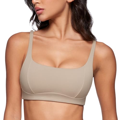 INGIA Women's Square Scoop Neck Sports Bra Thin Strap Padded Yoga Bra - color: Sand, size: Small